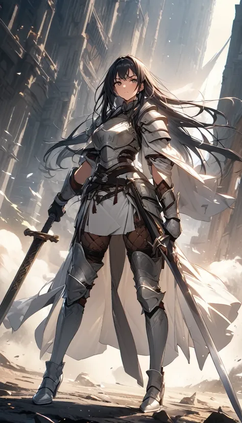 ultra-high definition image quality、beautiful girl、female warrior、female swordsman、light armor、silver boots、long hair、knight&#39...