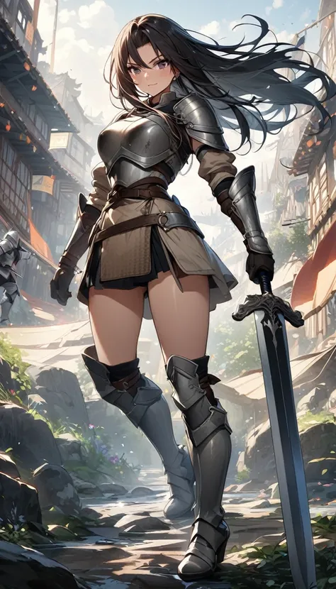 Ultra-high definition image quality、beautiful girl、Female Warrior、Female Swordsman、Light Armor、Silver Boots、Long Hair、knight&#39;hair ornaments、Silver Hair、20-year-old、Be confident々face、Very short tight skirt、Sexy posture、wilderness、Highest quality,Big Ass...