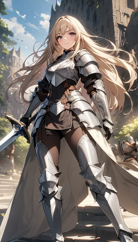 Ultra-high definition image quality、beautiful girl、Female Warrior、Female Swordsman、Light Armor、Silver Boots、Long Hair、knight&#39;hair ornaments、Silver Hair、20-year-old、Be confident々face、Very short tight skirt、Sexy posture、wilderness、Highest quality,Big Ass...