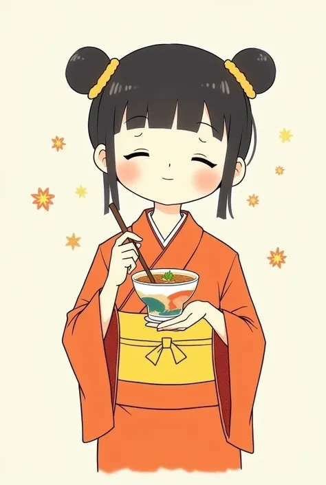 A simple drawing without many features of a closed-eyed Chinese girl with two Pucca-style tails in her hair and an orange Kimono and yellow sashes with a glass of instant noodle soup in her left hand and her other right hand as if she were presenting somet...