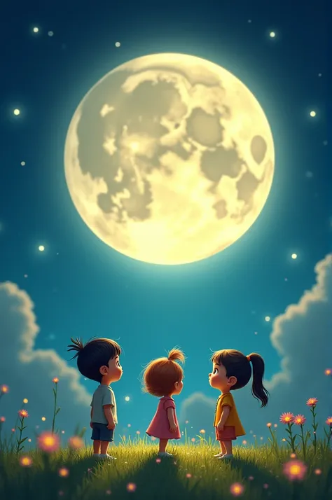 Create me an image of an animated full moon with children looking at it 