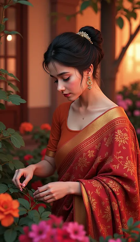 Indian woman draped in vibrant saree, watering lush plants, realistic style, vibrant colors, emphasis on the flow of the fabric, delicate interaction with nature, realistic droplets, serene garden backdrop, soft natural light, high frame rate animation.