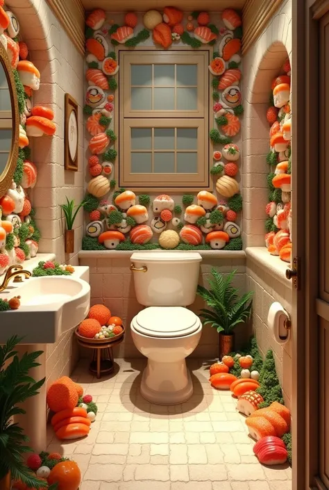 ((masterpiece, 8k, best quality, 8k, super realistic, high resolution:1.3)), fictional bathroom, bathroom made of sushi, bathroom made of cooked rice, bathroom made of seaweed, styled, Japanese, sushi world, edible bathroom, wall made of fish meat, wall ma...