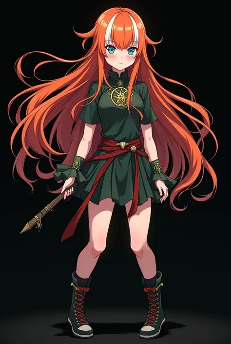 A full body image of an  child, personagem do anime "JUJUTSU KAİSEN", she is very beautiful, with long, straight, fire-colored hair with two white streaks highlighted in the front, framing your face. She has blue-green eyes and pale skin.. she is a Wiccan,...