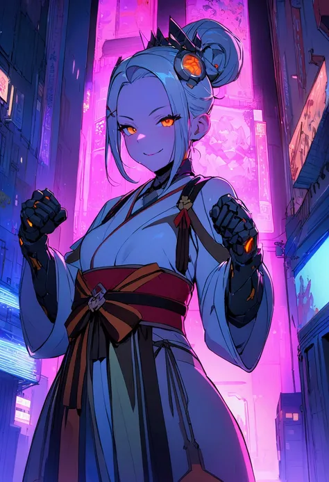 (best quality), (ultrafein), (​masterpiece), Illustration, a girl,Kimono-Costume,cyberpunk, （cyberpunk，Kimono-Costume，Cybernetic implants），Hair Accessories, bright colours，open small breasts, smiling and winking, (pressing her fist together towards the vie...