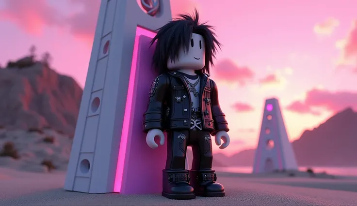 Beautiful tall square Roblox doll with long black spiky hair, emo clothes and no lips, white skin, no mouth leaning on a tumorrowland, cartoon, Vice City GTA, stone mountain background on the beach with pink sky