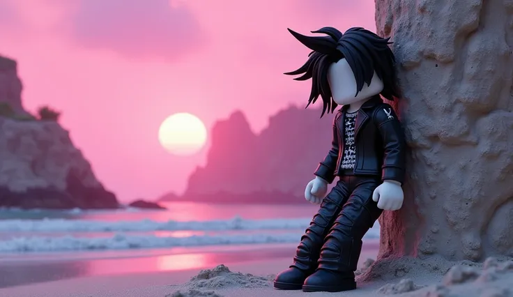 Beautiful tall square Roblox doll with long black spiky hair, emo clothes and no lips, white skin, no mouth leaning on a tumorrowland, cartoon, Vice City GTA, stone mountain background on the beach with pink sky