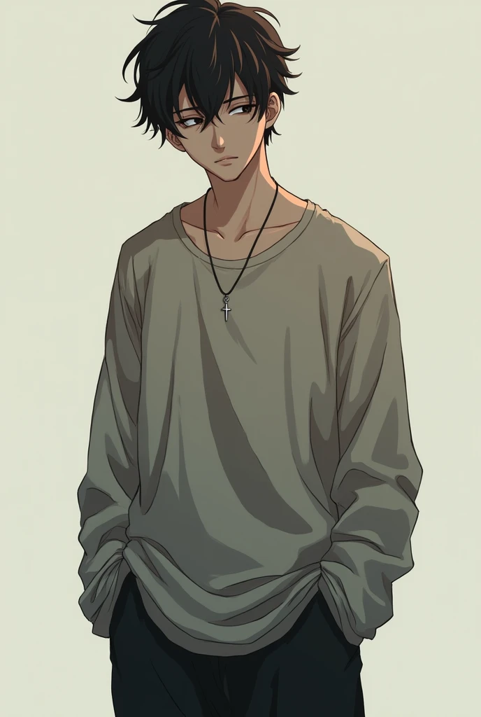 Male, , with messy dark brown hair and narrow eyes, 1.75 tall, wearing baggy pants and a baggy sweatshirt Silver necklace anime