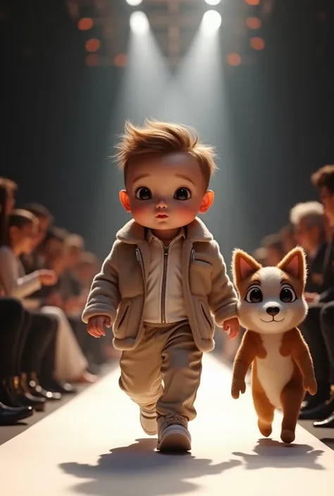 
An ultra-realistic image of a baby confidently walking down a fashion runway. The baby is wearing stylish clothes with a walking animal mascot at his side creating a dramatic effect. The background features an audience sitting along the catwalk, with the ...