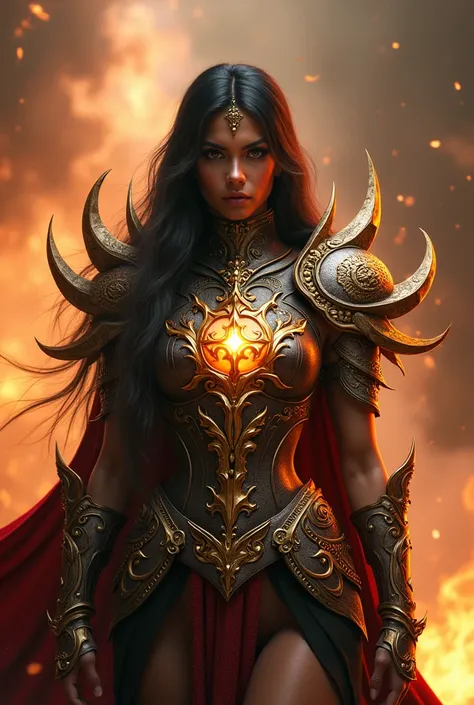 A captivating 3D rendering of a 20-year-old Filipina warrior as the central figure, exuding strength and beauty. She dons an exquisite outfit adorned with intricate armor, proudly displaying the Vip Torales Midia heavy metal band logo. The gold, fantasy-th...