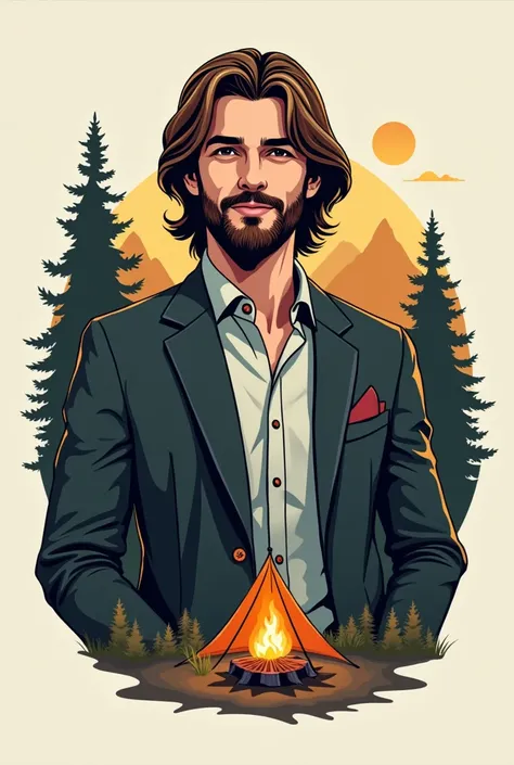 Request a logo image of a man wearing a suit, shoulder-length hair, a slight beard, looking casual, camping.