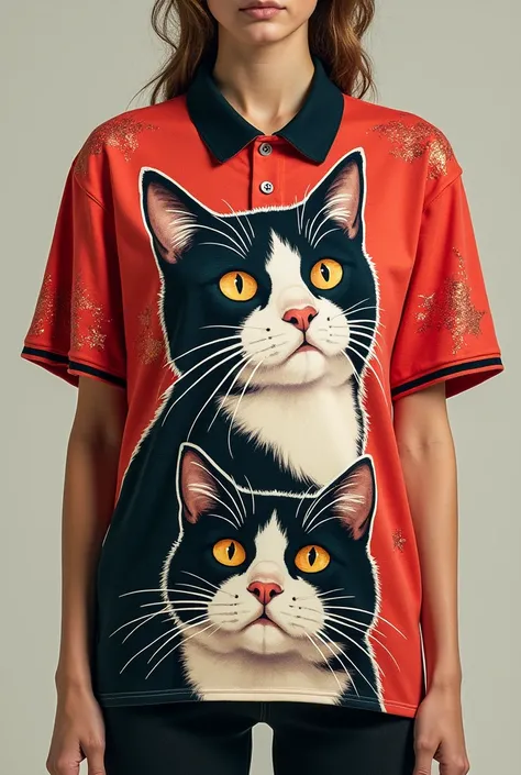 Cat print design on oversized polo shirts in various models 