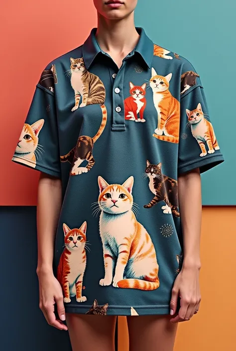 Cat print design on oversized polo shirts in various models 