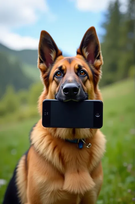 German shepherd dog taking a photo with a cell phone