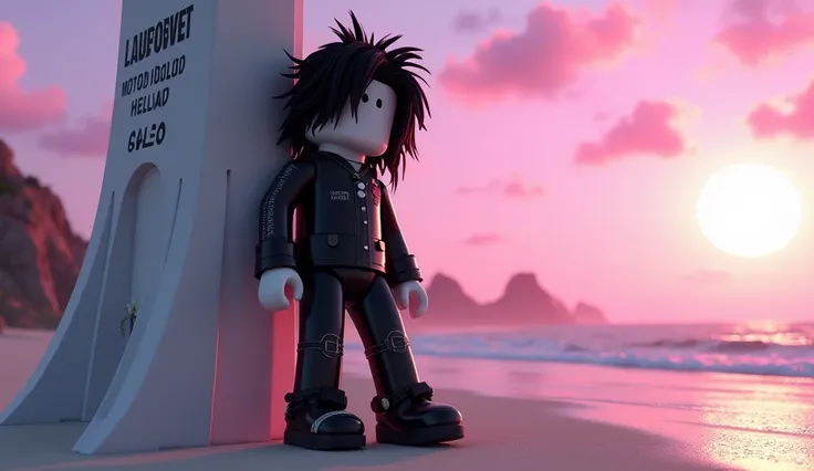 Beautiful tall square Roblox doll with long black spiky hair, emo clothes and no lips, white skin, no mouth leaning on a tumorrowland, cartoon, Vice City GTA, stone mountain background on the beach with pink sky