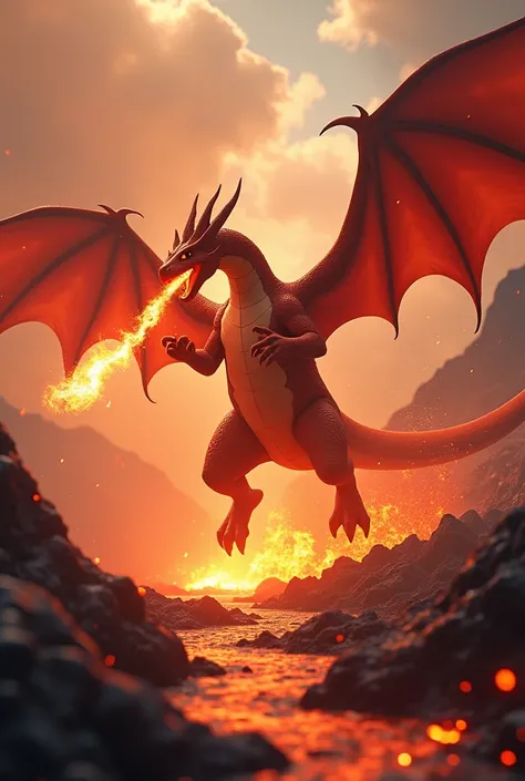 (masterpiece:1.2, Highest quality, Ultra-high resolution, Very detailed, Realistic, RAW Photos:1.2, Elaborate photos), 8k, wallpaper, (Ray Tracing), (Charizard soaring above a volcanic landscape, with wings fully spread), (Flames erupting from its mouth as...