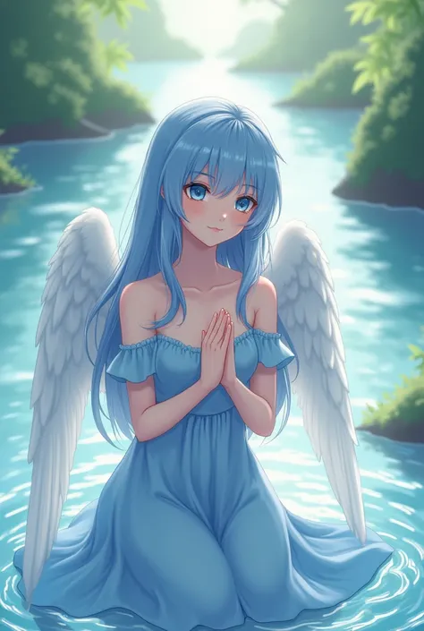 Anime cute adult Angel with blue dress sitting on middle of the river with long hair showing courtesy with cute eyes  with less boobs 