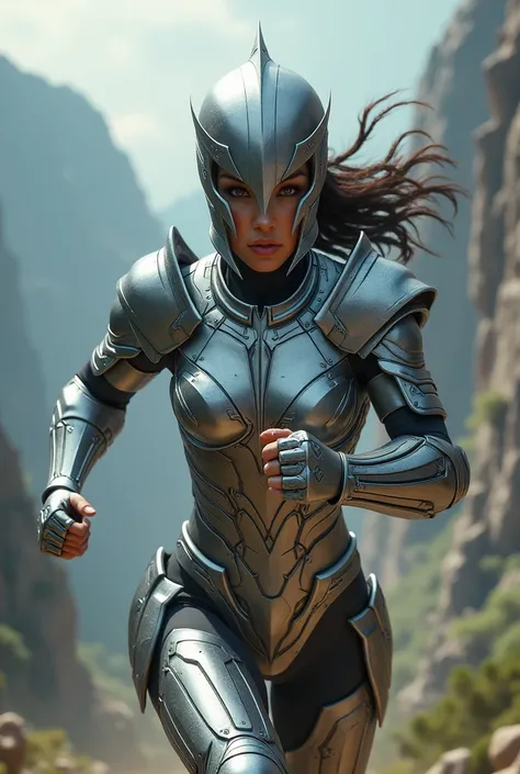 Woman in silver armor and a closed silver helmet running with her arms crossed forming a shiny silver X 