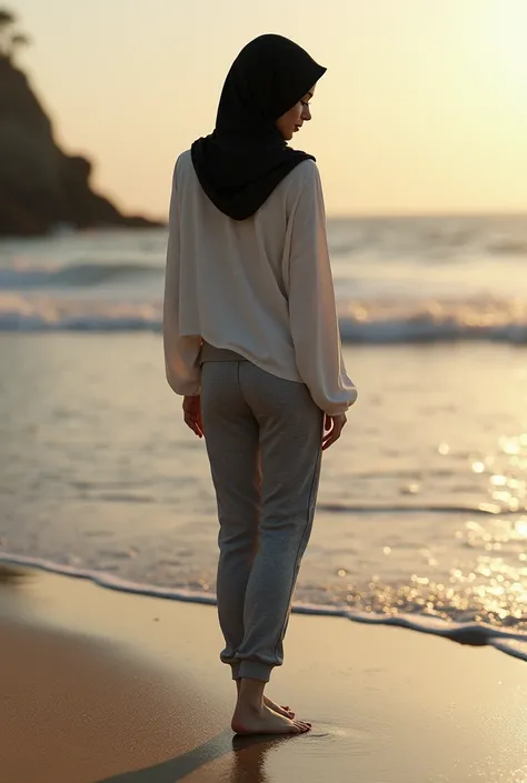 Black headscarf on the beach, white long sleeve t shirt, barefoot, grey sweatpants, skinny sexy woman. People touching a woman&#39;s waist. 