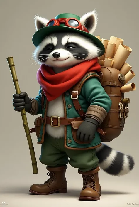 a racoon white furred wearing a green hat red goggles on hat, raccoon smirking eyes closed. wearing dark green gloves and boots. has a bamboo stick in hand. has lot of scrolled maps on his backpack. wearing no jacket. red fur on his neck