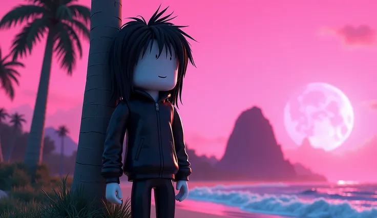 Beautiful tall square Roblox doll, with long black spiky hair, emo clothes and no lips, white skin, no mouth leaning on a palm tree, cartoon, Vice City GTA, stone mountain background on the beach with pink sky