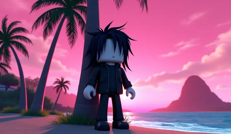 Beautiful tall square Roblox doll, with long black spiky hair, emo clothes and no lips, white skin, no mouth leaning on a palm tree, cartoon, Vice City GTA, stone mountain background on the beach with pink sky