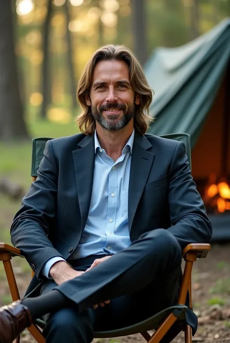 Request a logo, graphic, of a man wearing a suit, shoulder-length hair, a slight beard, a casual look, not looking at the camera, sitting on a chair, and camping.