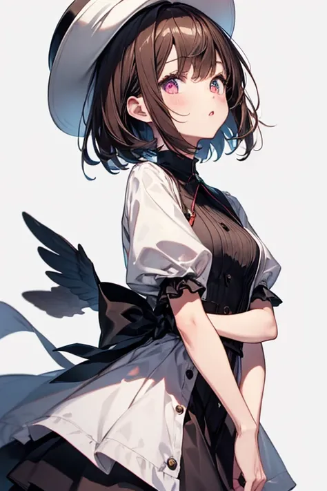 1girl,:o,black_dress,bob_cut,brown_hair,commentary_request,cowboy_shot,dress,hat,highres,looking_at_viewer,osanai_yuki,parted_lips,pink_eyes,puffy_short_sleeves,puffy_sleeves,short_hair,short_sleeves,shoushimin_series,simple_background,solo,teiku_(tokageza...