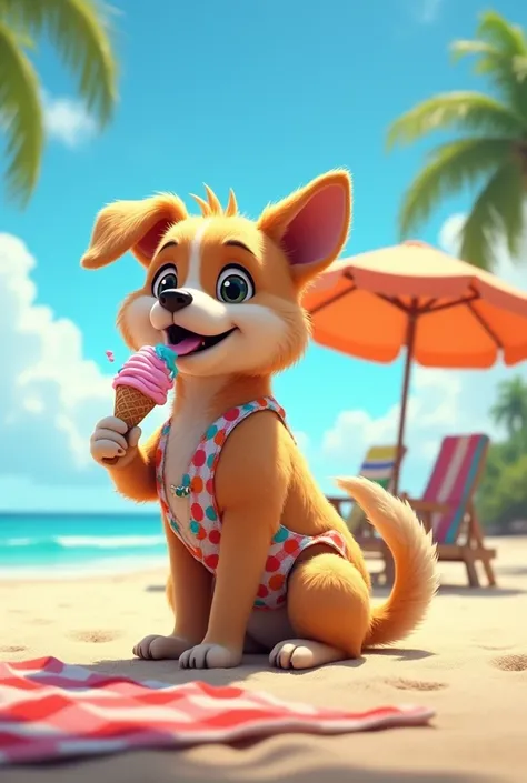 I want the image of a dog eating ice cream on a beach wearing a bathing suit