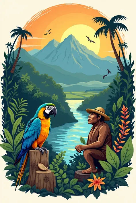 Create a logo in Spanish for a company with the following characteristics: Image with the two peaks of the Sierra Nevada of Santa Marta, laguna, river to the sea, Macaw, monkey and a couple of peasants
