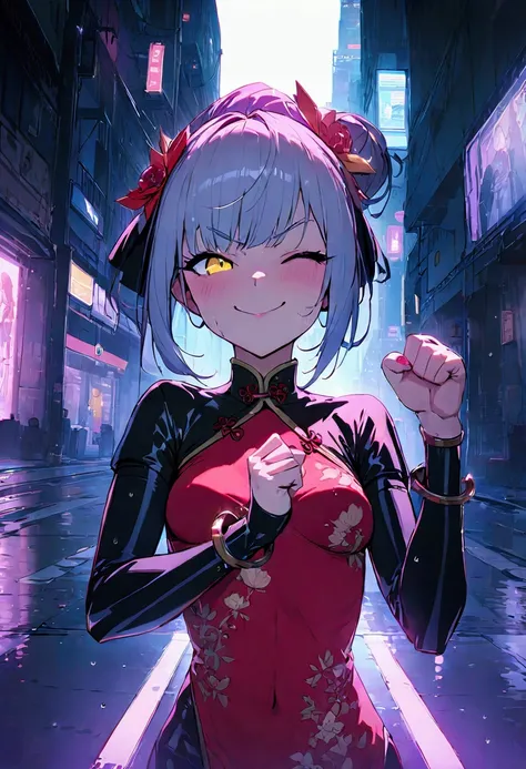 (best quality), (ultrafein), (​masterpiece), Illustration, a girl,China-Costume,cyberpunk, （cyberpunk，China-Costume，Cybernetic implants），Hair Accessories, bright colours，(open small breasts, smiling and winking, pressing her fist together towards the viewe...