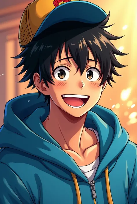 A 1 Handsome anime man  black hairs flufy and black eyes ,A hoddie blue colour laughing and background with luffy cap and gojo hand sign