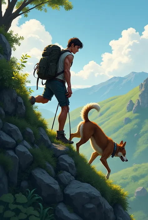 A young man climbing a hill with his dog