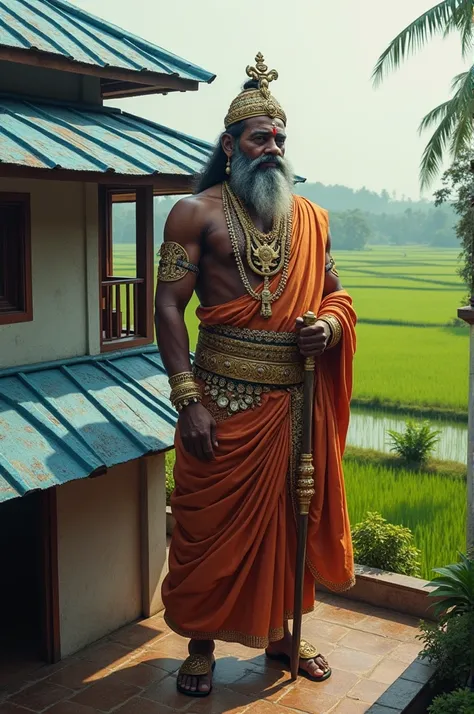 Mahabali, the legendary king of Kerala, who is believed to come during the harvest festival of Onam every year, is standing under a blue colored Alu-Zinc roofing sheet at a terrace of a two storeyed house built using fiber cement boards in the backdrop of ...