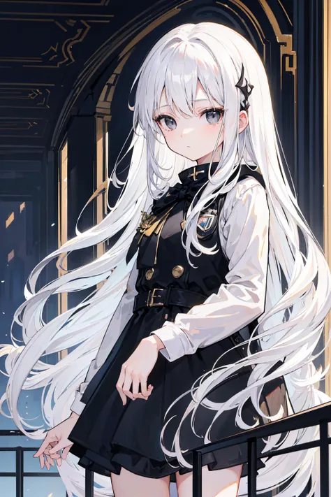 close-up, masterpiece, best quality, high details, (((a girl))), ((white long hair:1.2)), (black eyes:1.3), closed mouth, expressionless, Anime girl wearing Black jacket, white dress, Standing on the balcony