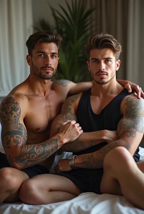 a handsome, 2 attractive men with a seductive expression, athletic, tattooed, sitting inside a room , Sitting on the bed, wearing a tank top, silver watch, Brown hair, Crossed arms 