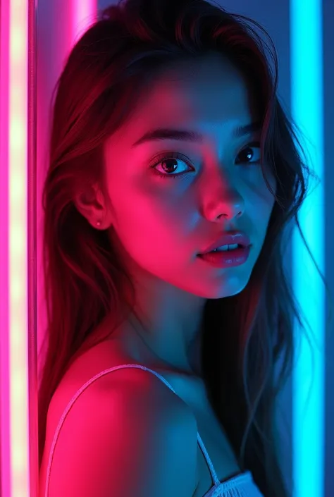 Fluorescent Color,Colored fluorescent 1 girl, Look to the side, Pretty Face, beautiful eyes, (Shoulder: 1.2), Upper Body, Shiny hair,dramatic_shadow, Light_track, reflection, Ultra-high resolution, laser