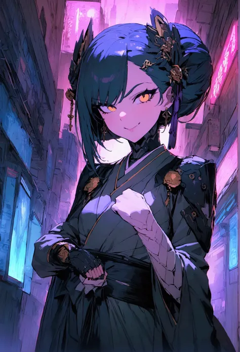 (best quality), (ultrafein), (​masterpiece), Illustration, a girl,Kimono-Costume,cyberpunk, （cyberpunk，Kimono-Costume，Cybernetic implants），Hair Accessories, bright colours，(sexly, open small breasts, smiling and winking, pressing her fist together towards ...