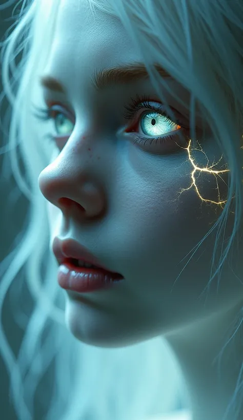 ((work of art)), best qualityer, Ask the master, A close-up of a ghostly face, pale, translucent skin and cracks that seem to glow with an inner light. The eye shines with a soft light, mysterious light, and the hair flows like a mist around the face. The ...