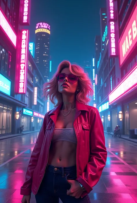 Create a Nu-Disco album cover, artist: Ghost Groove. Use vibrant neon colors and hyper-realistic details in a futuristic city nightscape. The centerpiece should be a modern and stylish animated portrait, eye-catching, with vibrant poses and expressions tha...