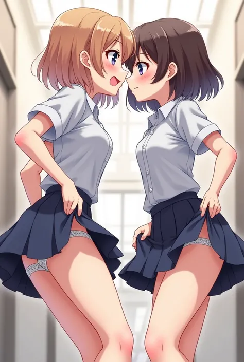 Two schoolgirls with a bottom view lifting their skirts showing their panties
