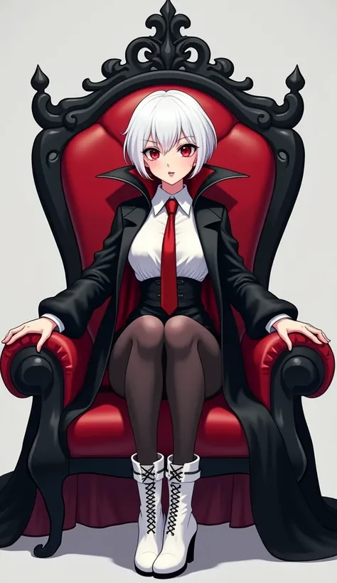 The young woman red eyes short white hair wear a vampire black coat inside vampire black coat has a carmine color, white shirt, red necktie, black pencil skirt, black underpants, long black tights, black socks, white leather boots, sitting with legs open o...