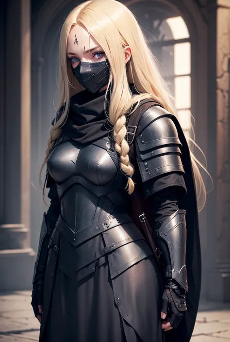 Woman with long blonde hair, black cowl, black clothing, blue colored eyes, Caucasian skin, face covered in scars,  dressed in light armor, backpack on the back, In 4k