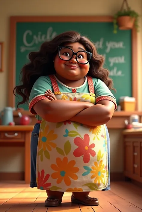 Pixar fat black teacher, long brown hair, apron, glasses, 