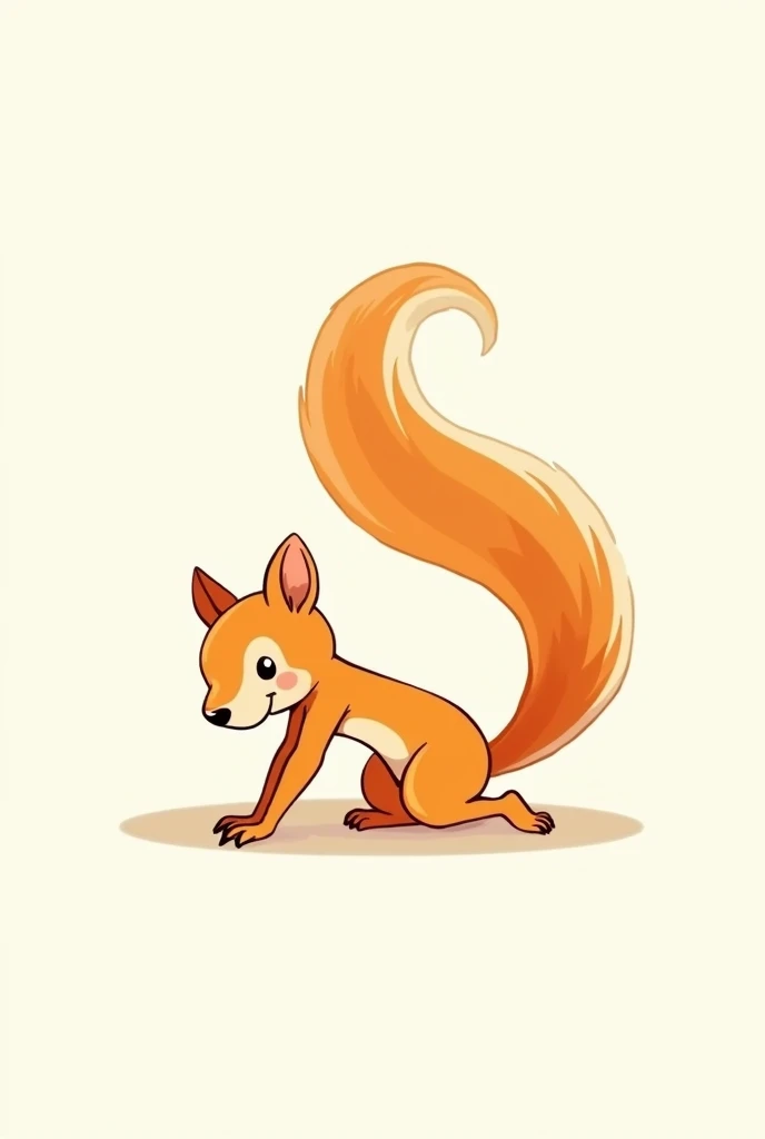 An orange cartoony skinny naked squirrel with short legs and stretching like bending forward female squirrel slim thin and small eyes and no mouth, and looks professionally draw in a simple draw way, like a nice sketch