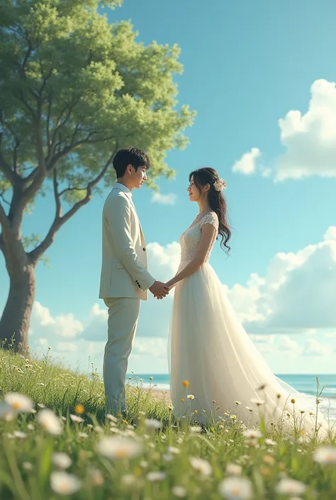 create a scene for me where Jungkook and Jimin are dressed in white , they are on flowery meadow, big tree at backgound, blue sky, holding hands looking at each other, Meanwhile Youn Jung was standing on the ground out of the water looking at them because ...