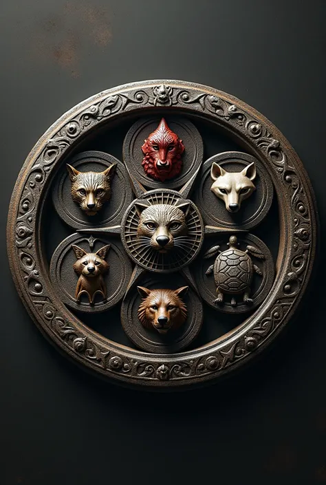 An Iron Circle, divided into seven equal parts and engraved on each part: the symbol of a Scarlet Macaw, the symbol of a Jaguar, the symbol of a Raccoon, the symbol of a white dog, the symbol of a brown bear, the symbol of a black dog and the symbol of a s...