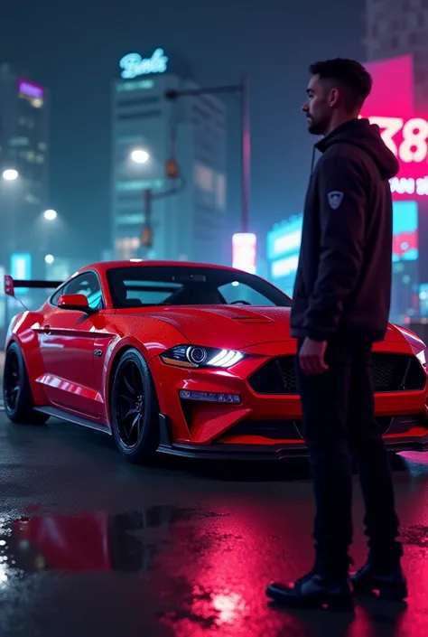 a man looks red color modified mustang as their dream car in neon lights 