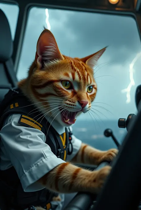 Cute close-up photo of an orange pilot cat., Cockpit,Cat piloting the plane,white dress,lightning,rain,Serious expression,angry,Open your mouth and cry.,Look straight.