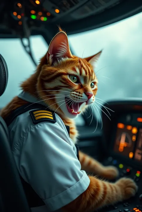 Cute close-up photo of an orange pilot cat., Cockpit,Cat piloting the plane,white dress,lightning,rain,Serious expression,angry,Open your mouth and cry.,Look straight.